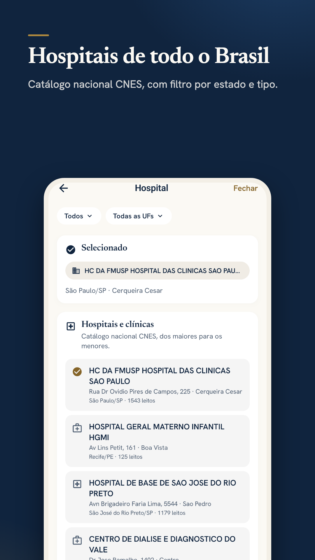 Catálogo nacional CNES de hospitais, com filtro por estado e tipo