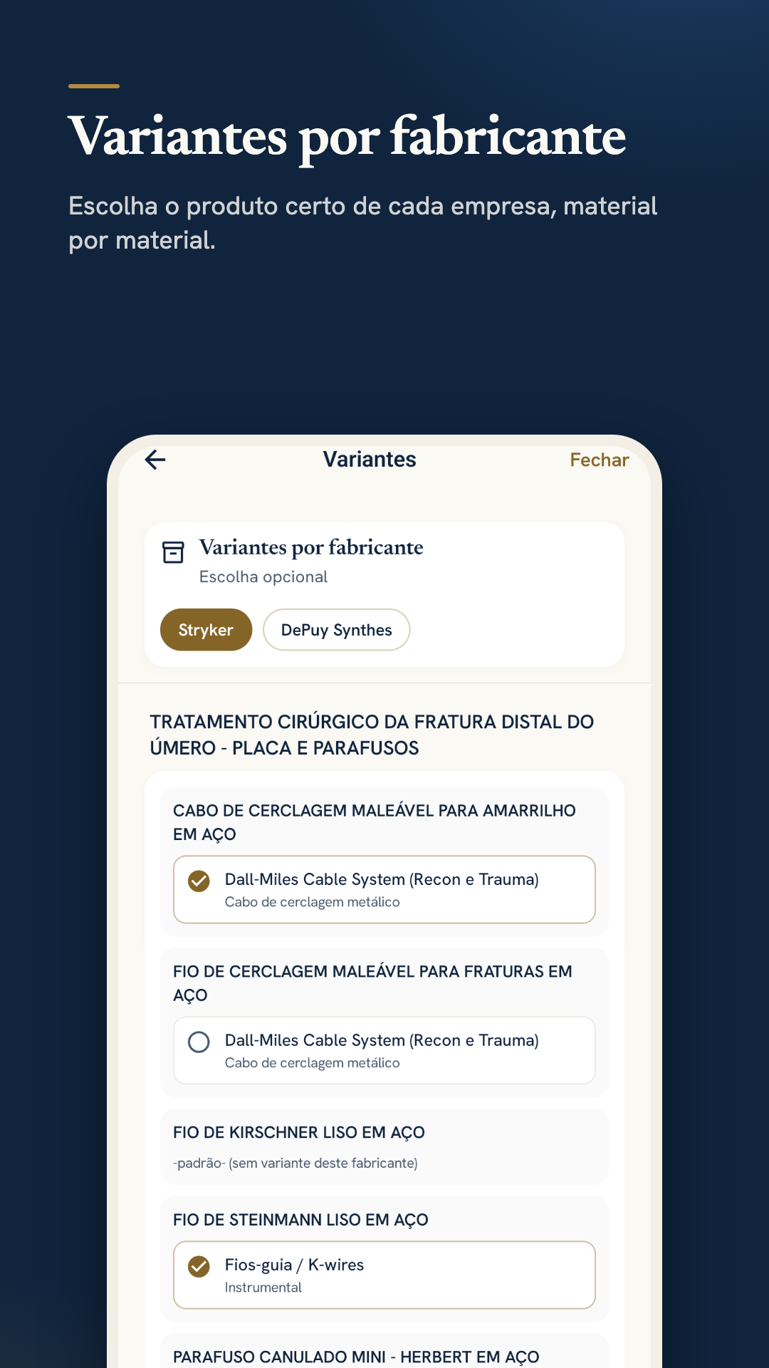 Escolha de variantes por fabricante, material por material