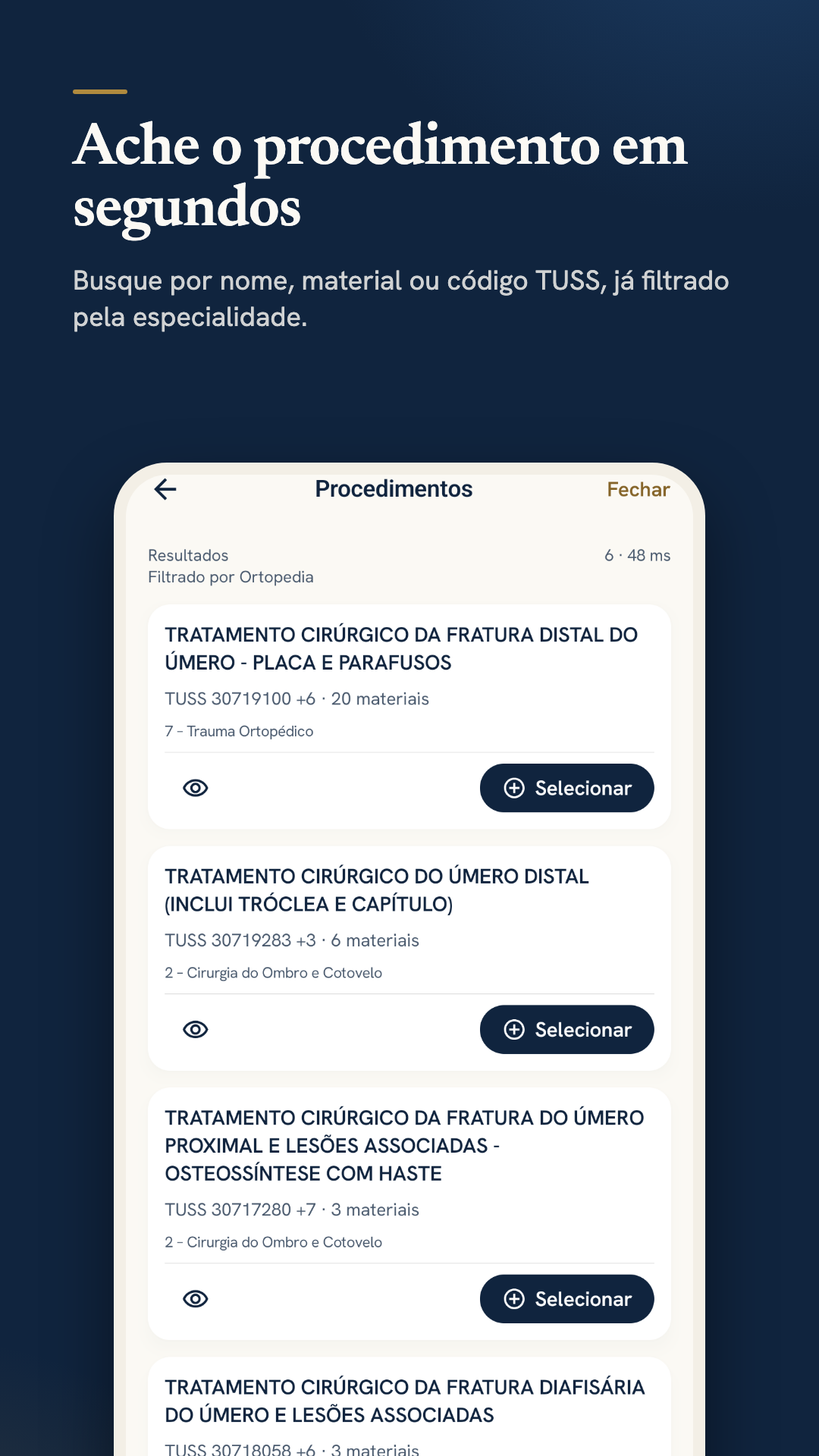 Busca de procedimentos filtrada por especialidade, com códigos TUSS