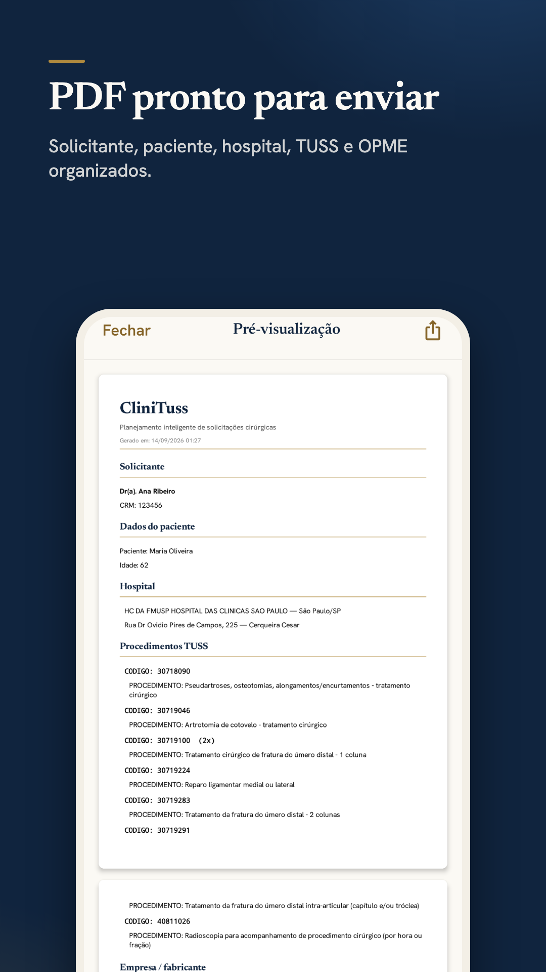 Pré-visualização do documento com solicitante, paciente, hospital e TUSS